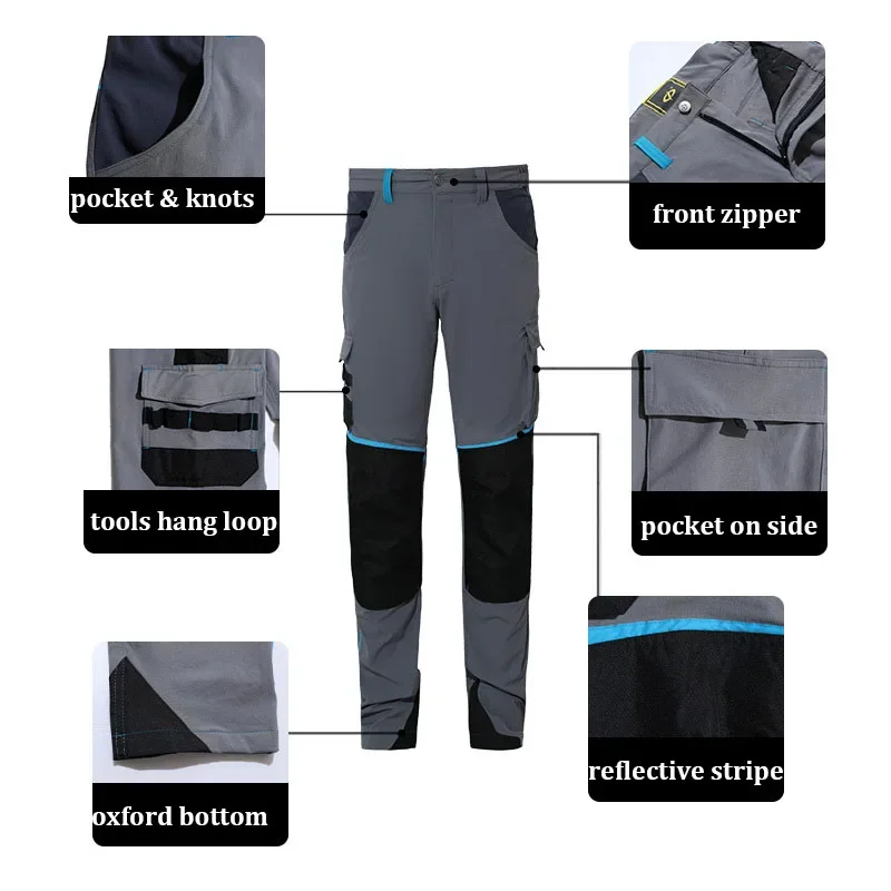 Pantaloni da lavoro ad alta elasticità Pantaloni da lavoro cargo multitasche da uomo con strisce riflettenti Pantaloni da lavoro ad alta visibilità con ginocchiere