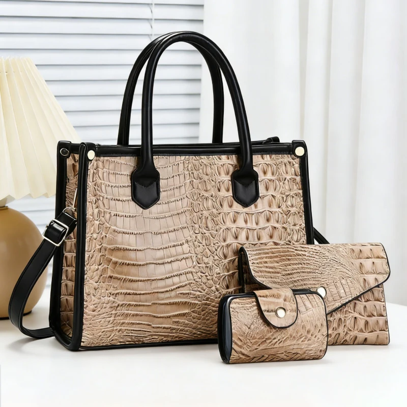 3-piece women's handbag set, premium crocodile-texture leather women's bags, large-capacity tote bags suitable for various occas