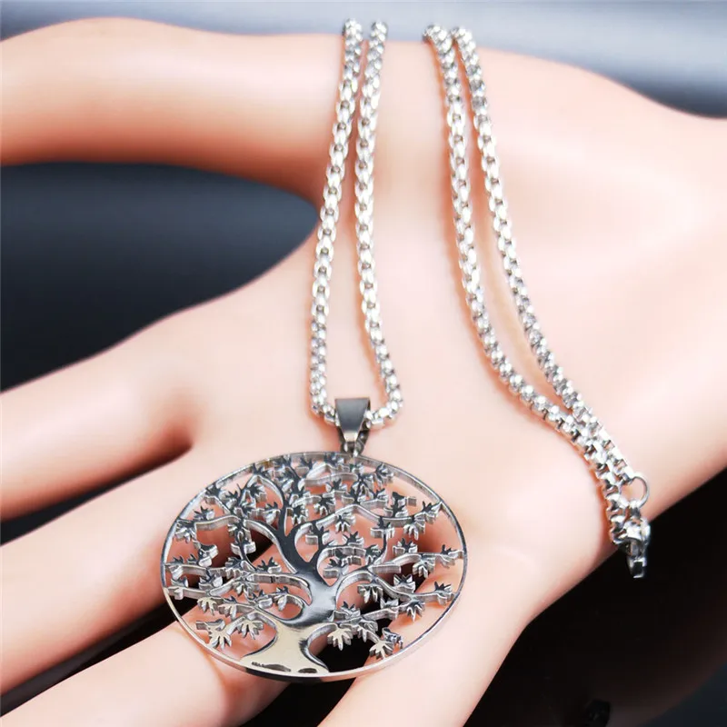 Tree of Life Stainless Steel Fashion Necklaces Women Statement Necklace Silver Color Chain Necklace Jewelry bayan kolye N7057S01
