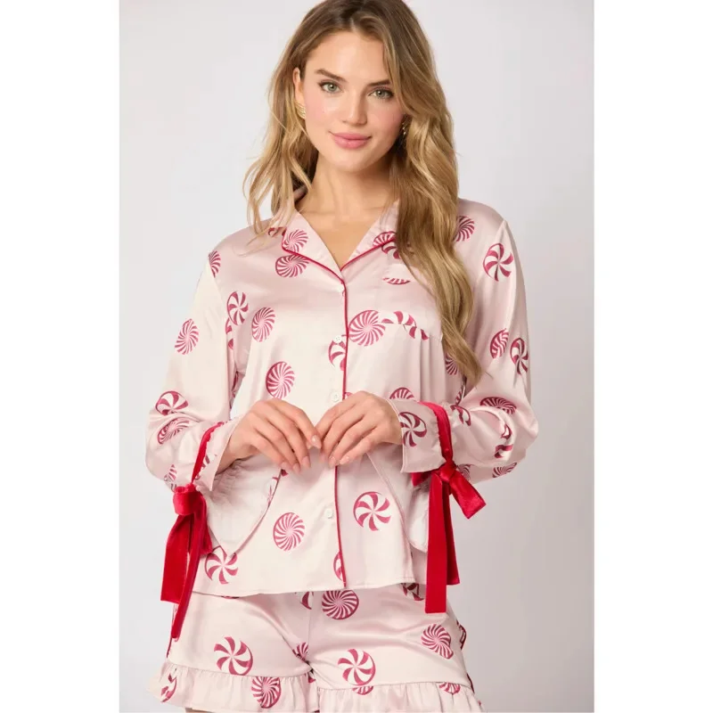 Kerst Pyjama Top Broek Set Vrouwen Europese Amerika Imitatie Zijden Pyjama Print Leuke Pasen Lange Mouwen Shorts Thuis Set Nieuw