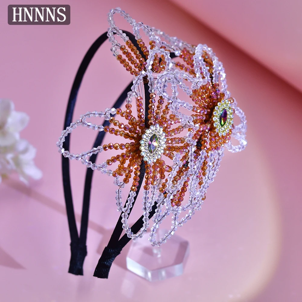 

HNNNS Luxury Headbands Orange Flower Hair Accessories Handmade Crystal Beaded Hairband Party Elegant Hair Jewelry A35