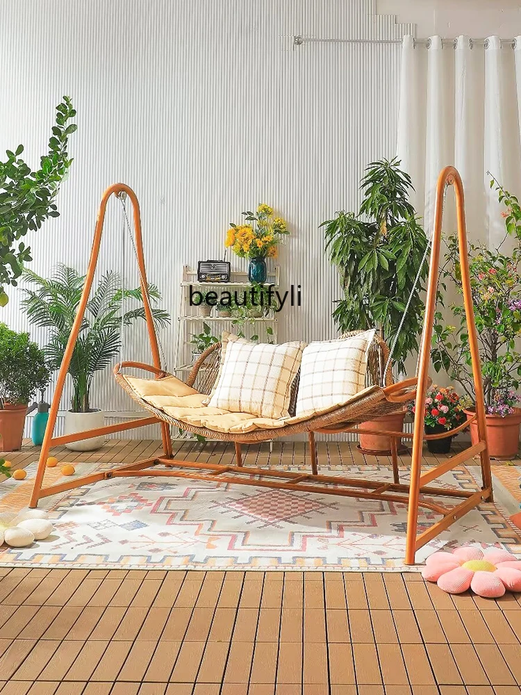 Outdoor Swing Glider Home Balcony Hammock Outdoor Courtyard Imitation Wood Grain Alloy Leisure to Swing Double Rocking Chair