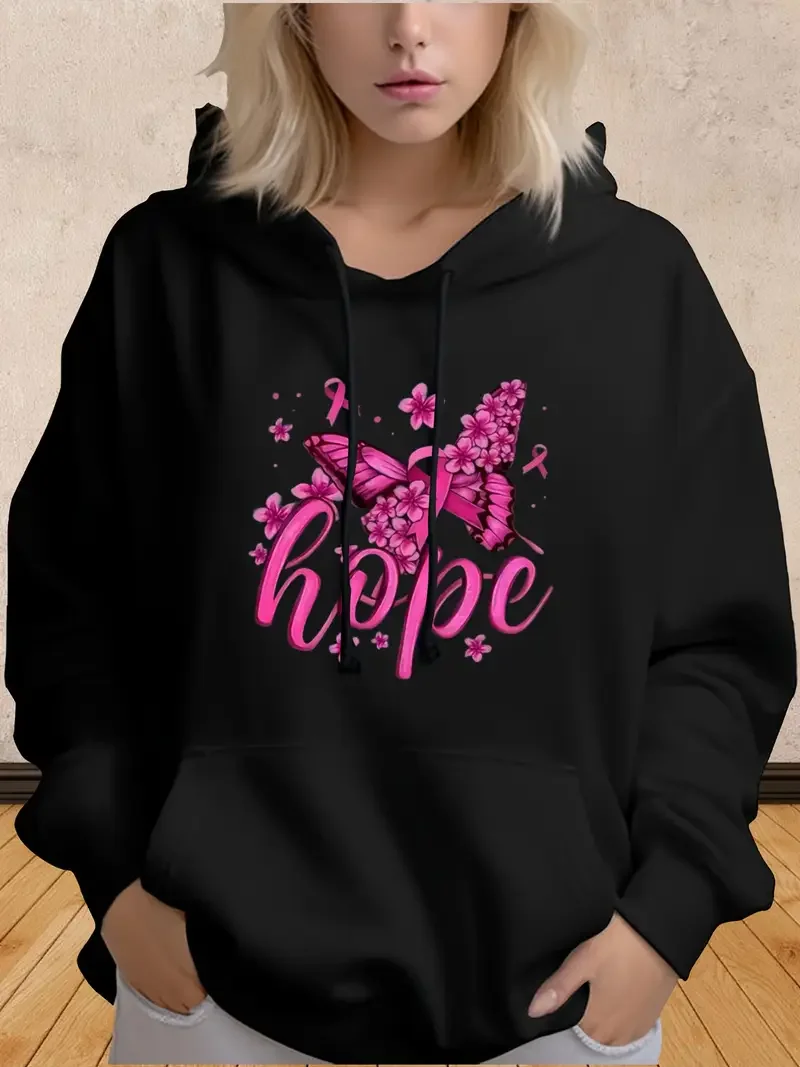 

Stylish Plus Size Hoodie Pink Breast Cancer Awareness Butterfly Print Long Sleeve Sweatshirt Comfortable Clothing Casual Hooded
