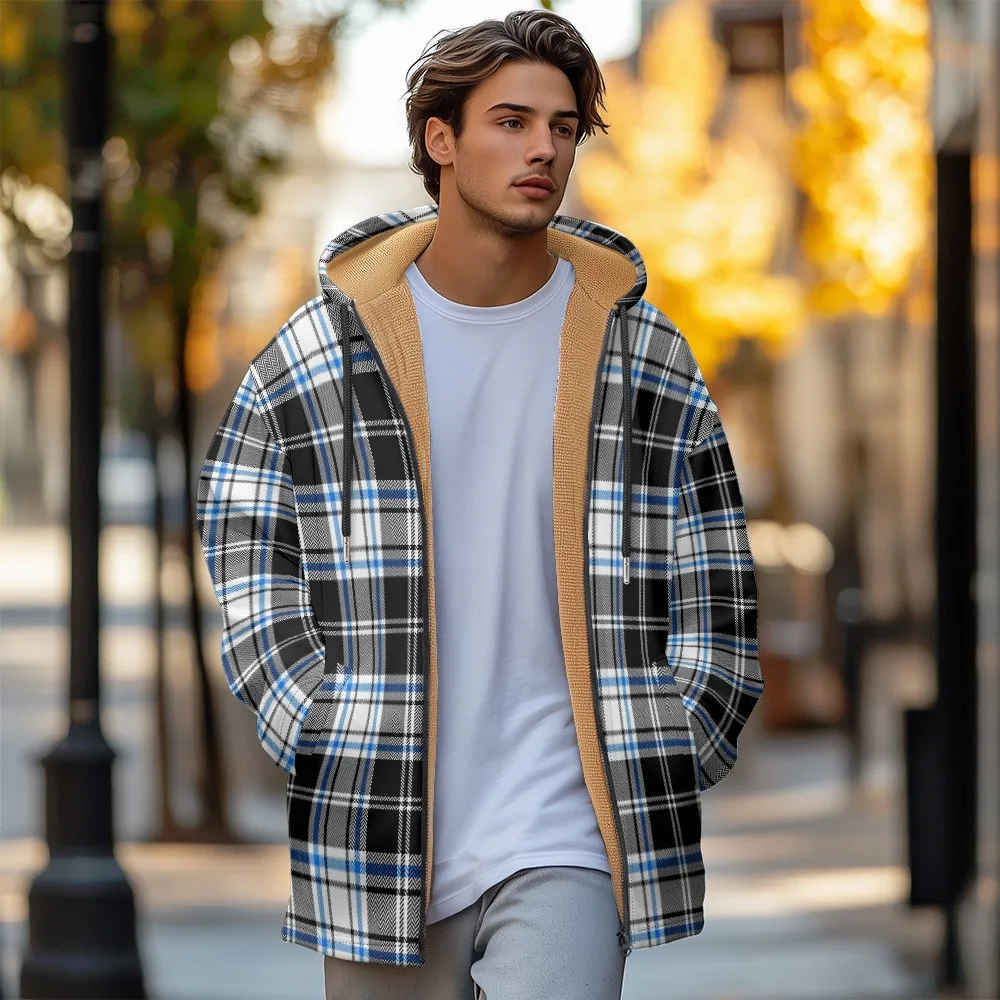 Men Jackets Coats Scottish Plaid Cage Printed Plush Thick Winter Graphics Outdoor Fashion Casual Large Size Streetwear Clothing