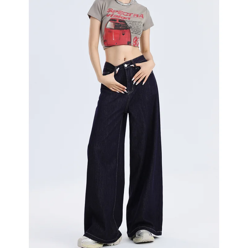 Dark Blue Design Women's Jeans Y2K Europe and America Solid Straight Leg Pants Street High Waist Vintage Female Summer Trousers