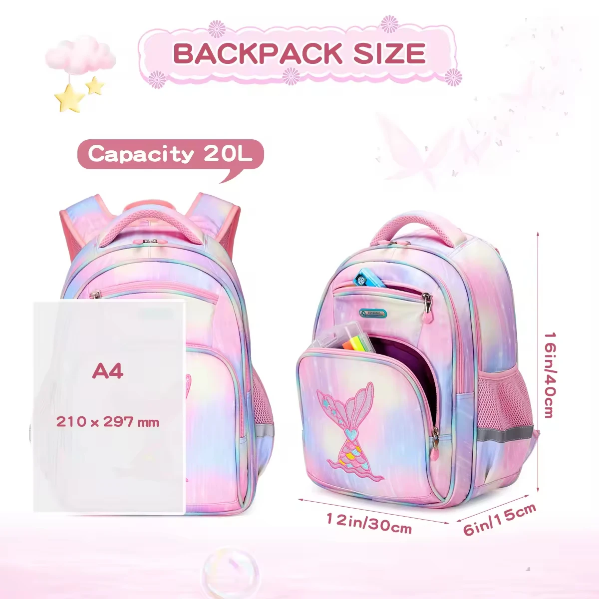 AOK-Sac à Dos avec Queue de Poisson Rose pour Enfant Fille, Cartable d\'École Primaire, Nouvelle Collection