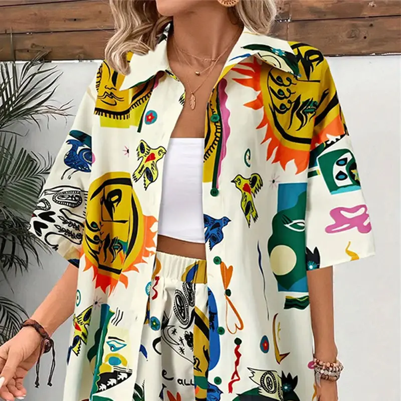 Graffiti Printed Open Top Shirt Shorts Two-piece Set, Contrasting Color Casual Pants Casual Suit Women's Spring and Autumn