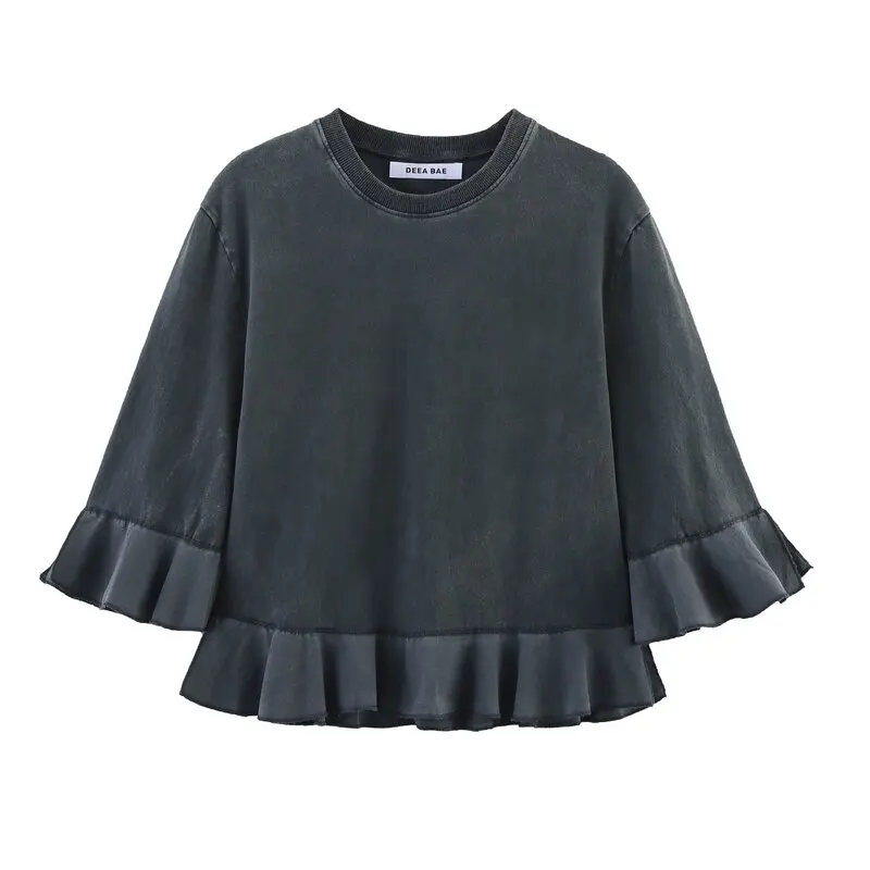 

Spring 2025 Women's Cotton Blend Faion round Ne T-irt Layered Decoration New Arrival Commute Sle Summer Regular Length