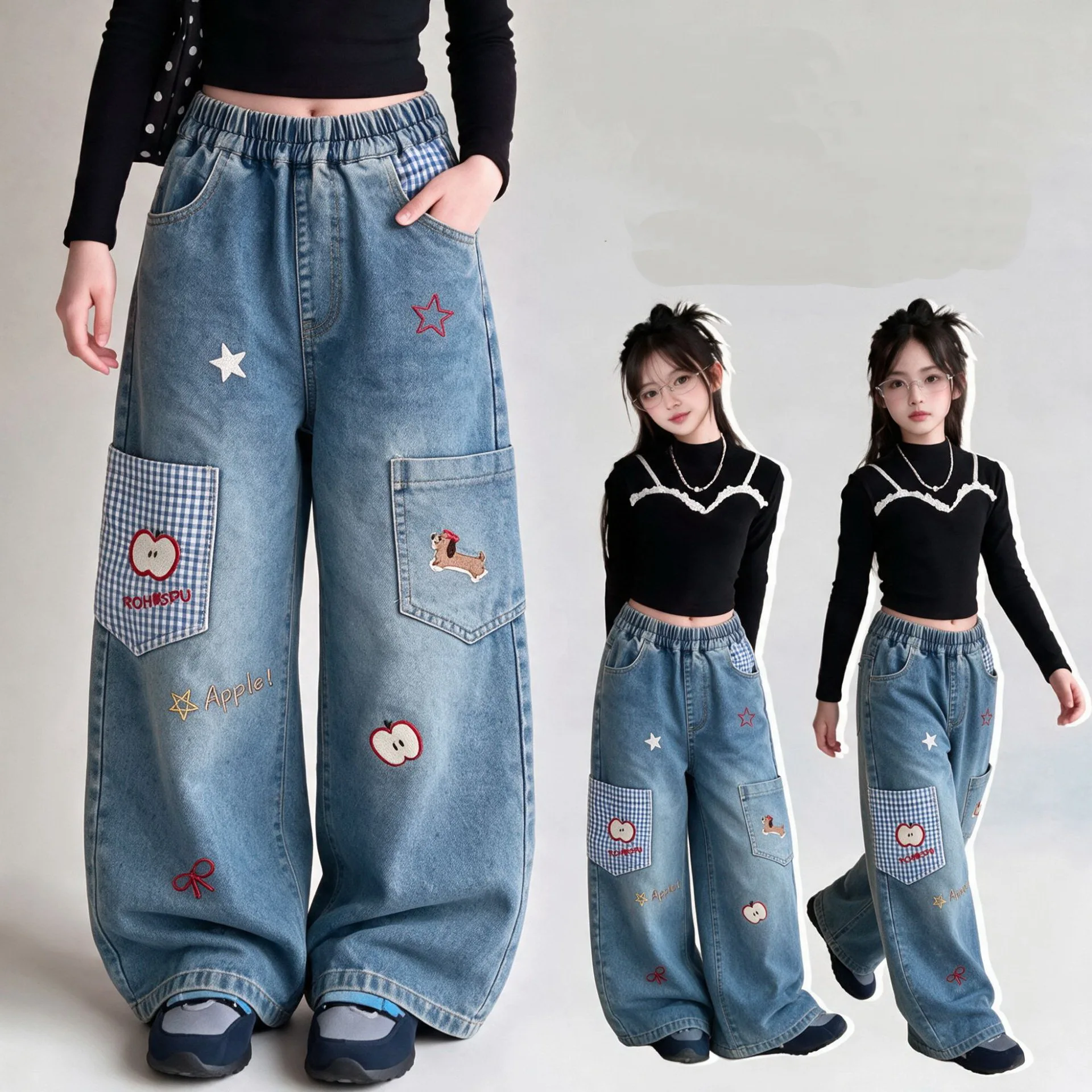 New Autumn Girls Baggy Wide Leg Jeans with Embroidery Teenager Children‘s Straight Denim Pants for Kids Casual Loose Trousers