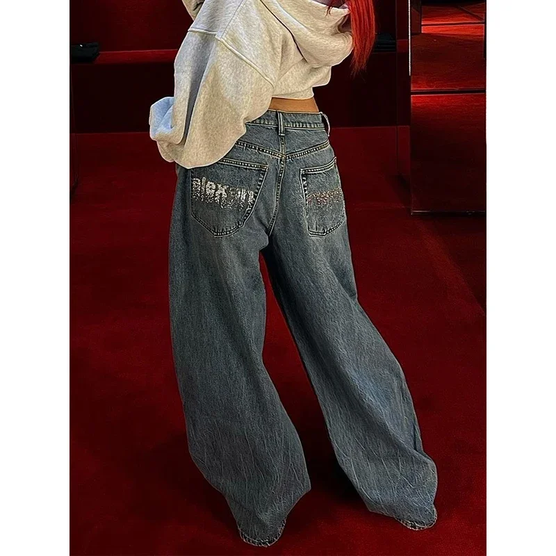 Y2K Blue Women's Jeans Hip-hop Fashion Vintage Streetwear Wide Leg Straight Jean High Waist Trouser Classic Baggy Denim 2025