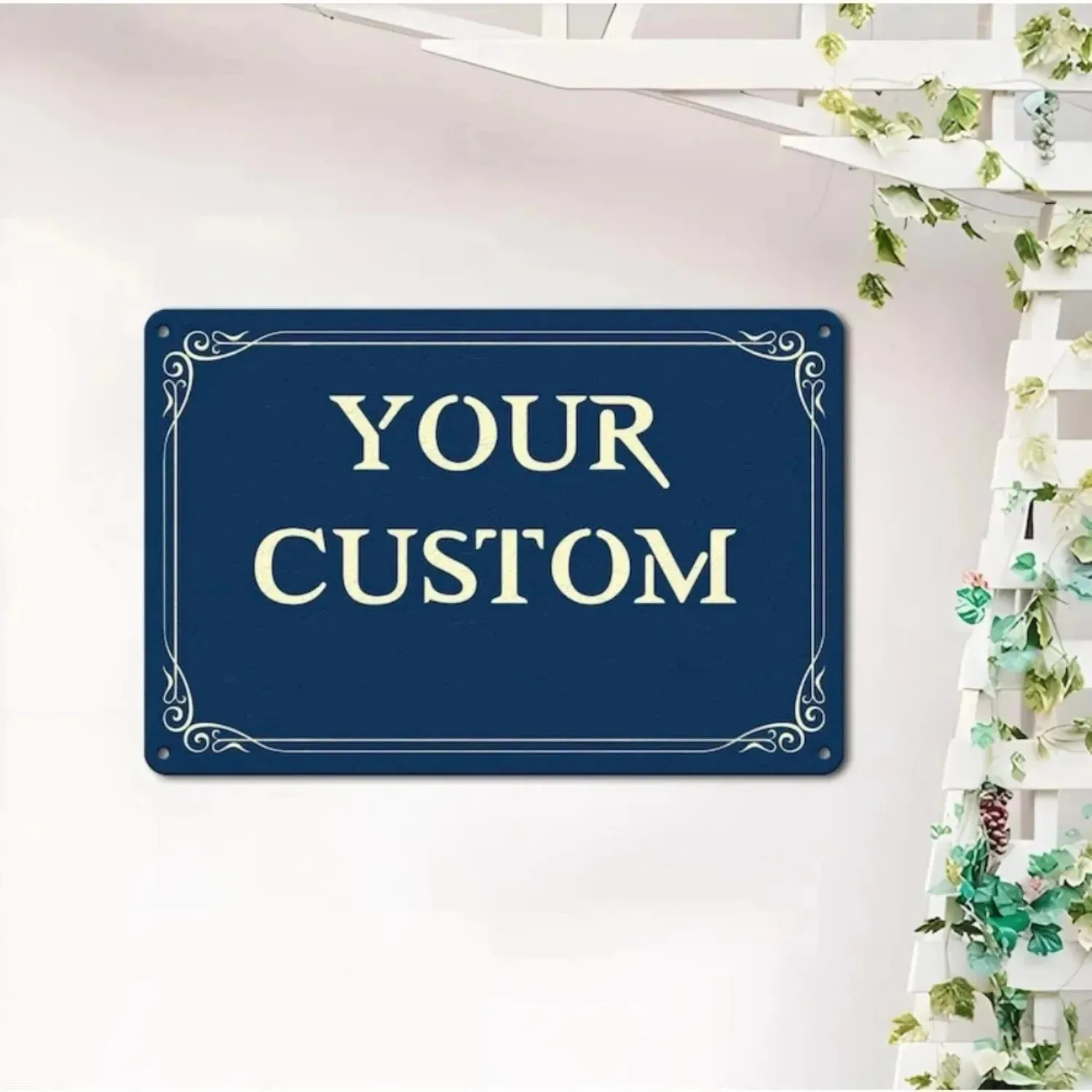 CIFbuy Customizable 2D Flat Navy‑Blue Wall Plaque, Ornate Vintage Border Personalized Text Metal Ornament Home Indoor Souvenir G