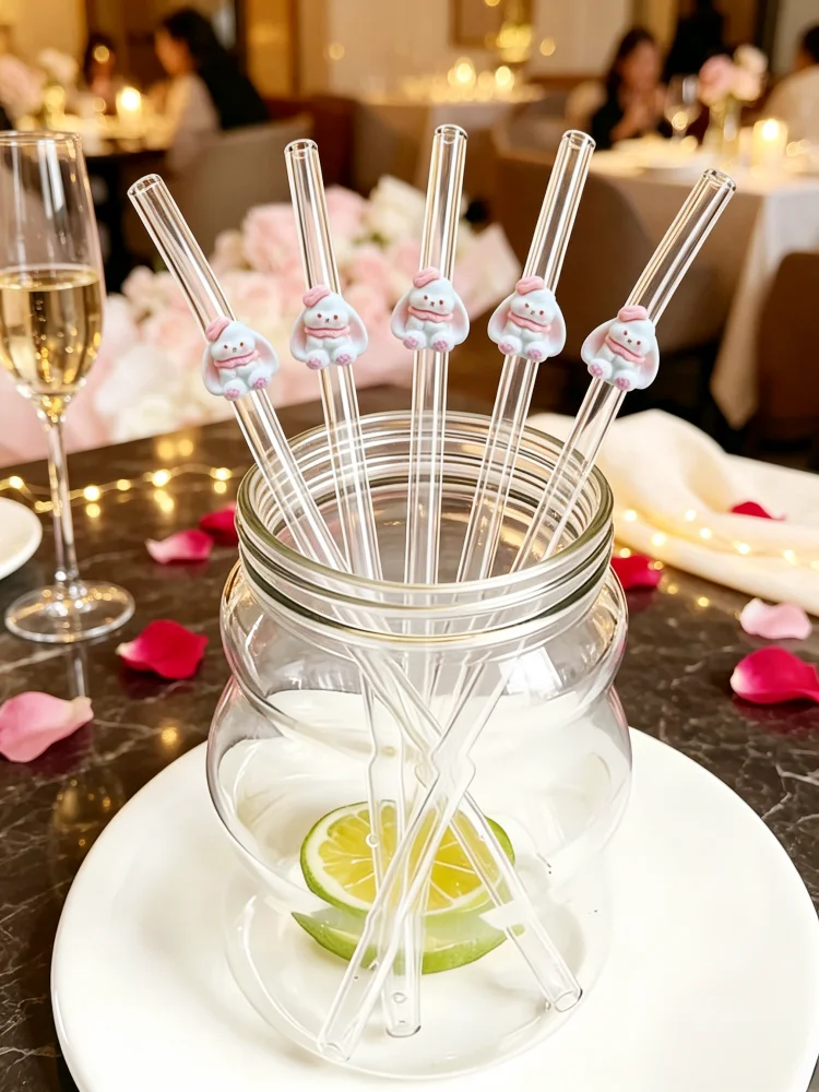 2/5/7PCS Bunny Glass Straw, Party Table Accent, Presents for Dates & Holiday Seasons，Valentine, wedding , Halloween, Christmas