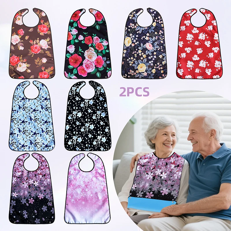 Paquete de 2 baberos de comedor para adultos con recogedor de migas — Baberos de alimentación protectores de doble capa con estampado — Fáciles de limpiar y reutilizables