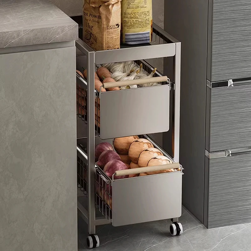

Kitchen shelf trolley drawer type vegetable basket slit multi-functional floor storage rack