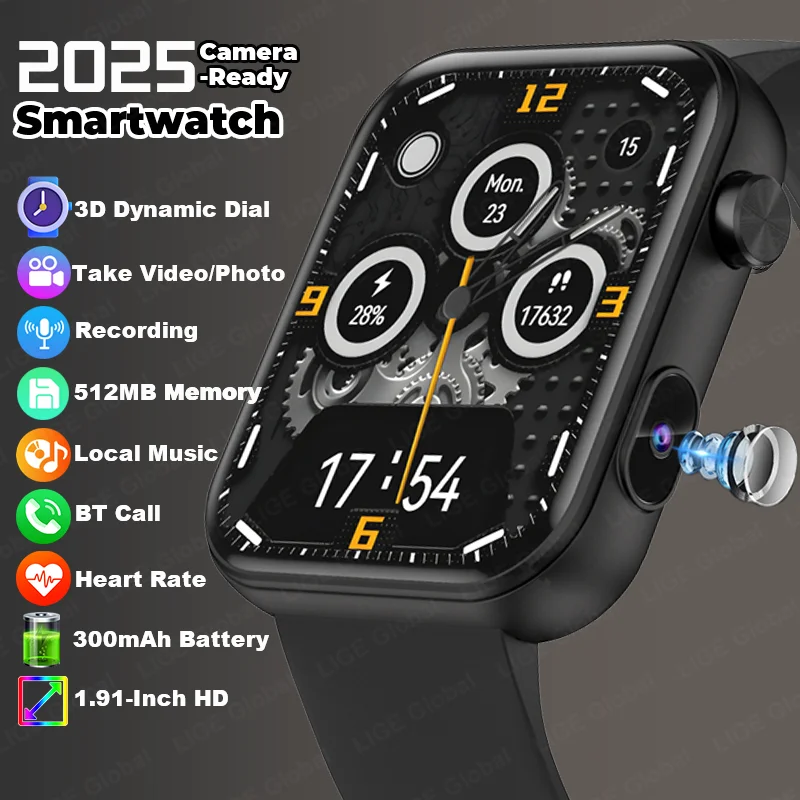 

LIGE New 512MB Camera Smartwatch 1.91" HD Make Answer Call Video Sound Recording Sports Music Smart Watch For Android iOS 2025