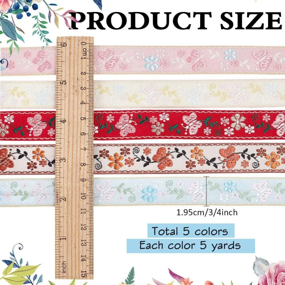 25 Yards 5 Colors Polyester Ribbons Butterfly Pattern Mixed Color 3/4 inch(19.5mm) 5 yards/color