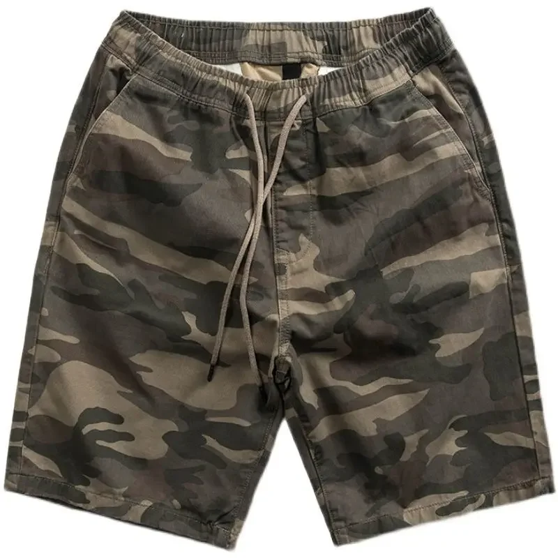 Pantalones cortos Cargo para hombre, Bermudas de camuflaje con cuerda de dibujo, Harajuku desgastado, diseño suelto, cintura elástica