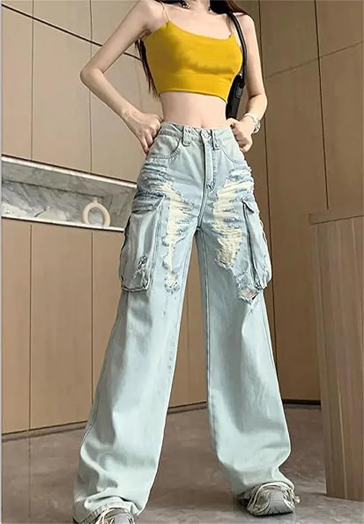 

Fashion wash light blue ripped side large pocket women's casual straight work suit no elastic jeans