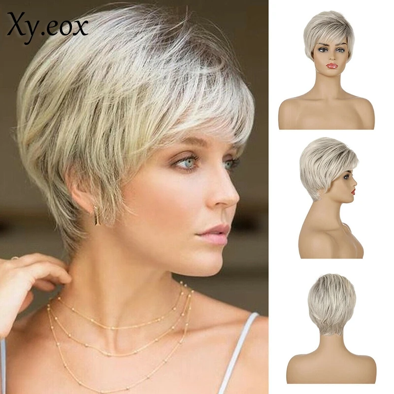 Women Short Cut BOB Wig Slightly Wave Hair Ombre Boy Synthetic Wigs