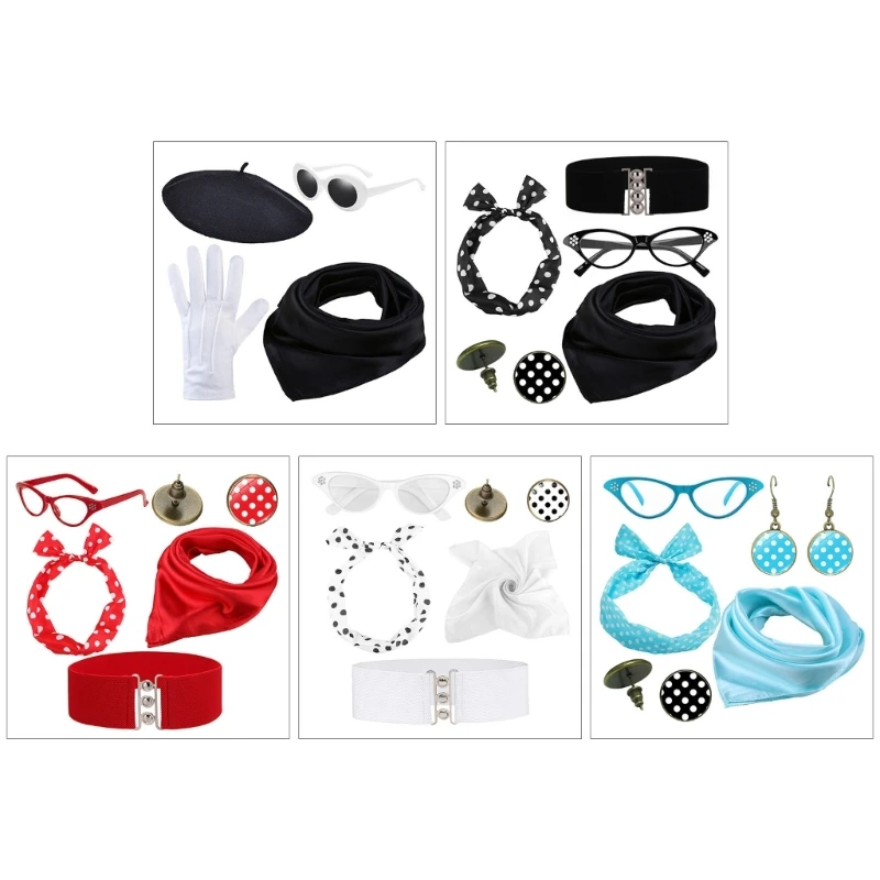 MXMB – accessoires Costume pour femmes des années 1950, écharpe à graisse, bandeau, lunettes, boucles d'oreilles,