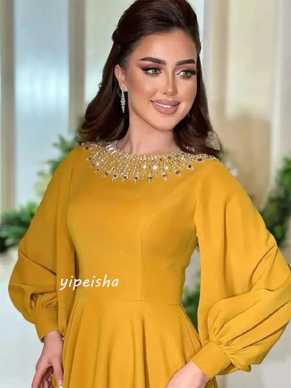 Jiayigong Sparkle Exquisite Evening Jersey Sequined Ruched Formal A-line High Collar Bespoke Occasion Gown Midi Dresses