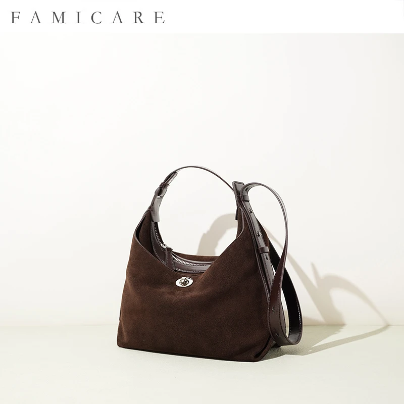 

2025 Fall New Suede Leather Bucket Bag Adjustable Straps Shoulder Saddle Bag Women Vintage Fashion Minimalist Versatile Handbag