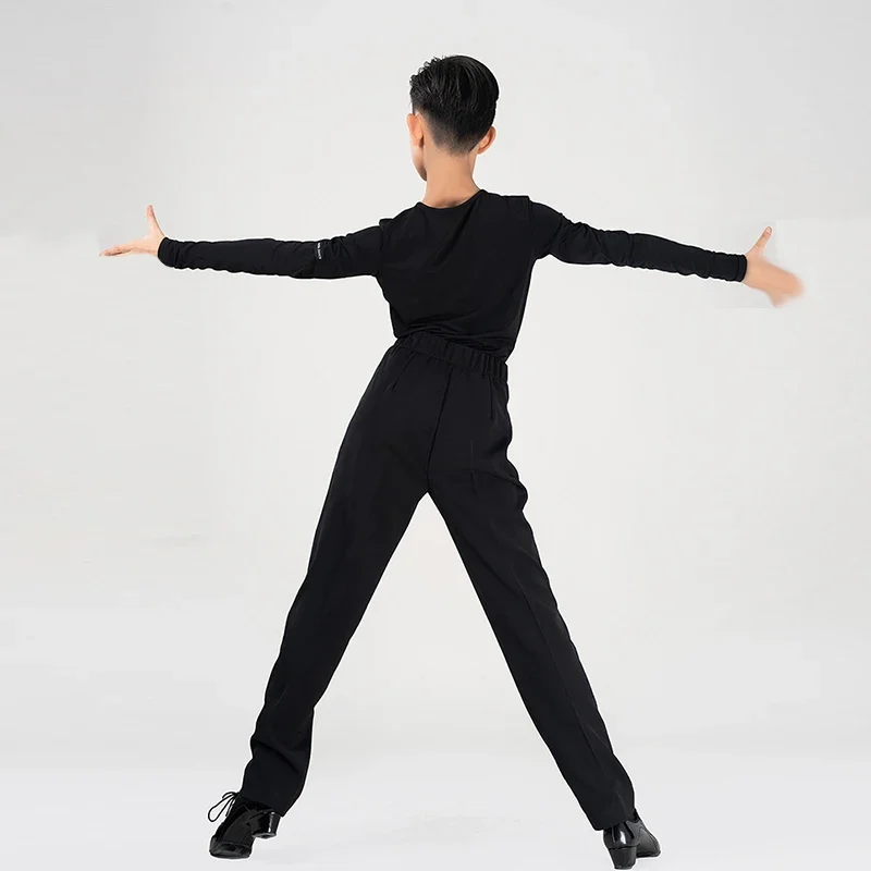 Nieuwe Latin Dansvoorstelling Kostuums Jongens V-hals Mesh Tops Zwarte Broek Pak Kid's Rumba Tango Danstraining Kleding