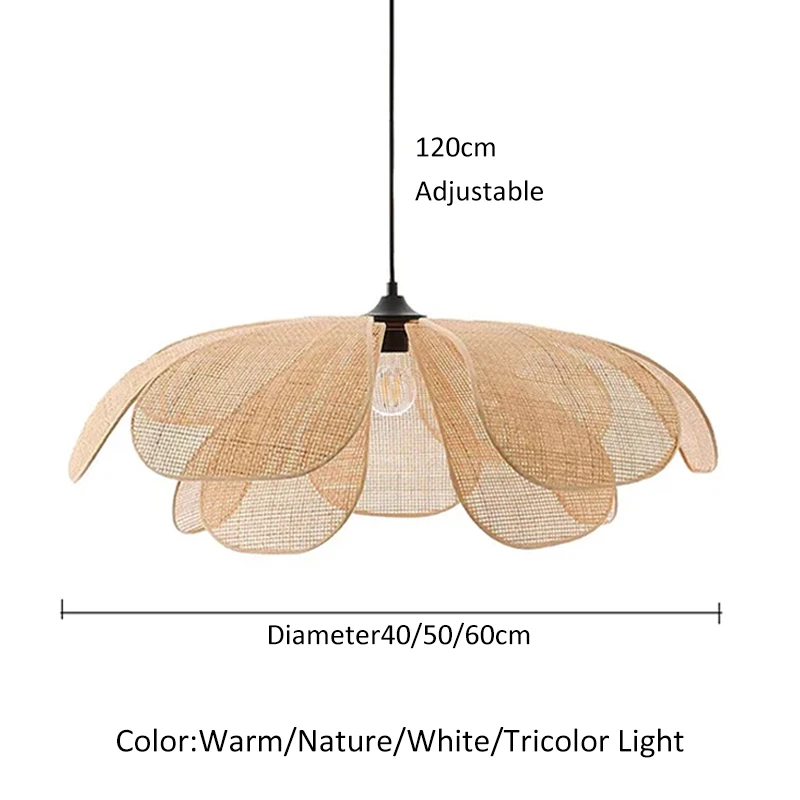 Rattanowa pleciona lampa wisząca w kształcie płatka kwiatu, retro żyrandol LED do jadalni, sypialni, salonu, restauracji, herbaciarni, dekoracyjne oświetlenie do domu. — 2