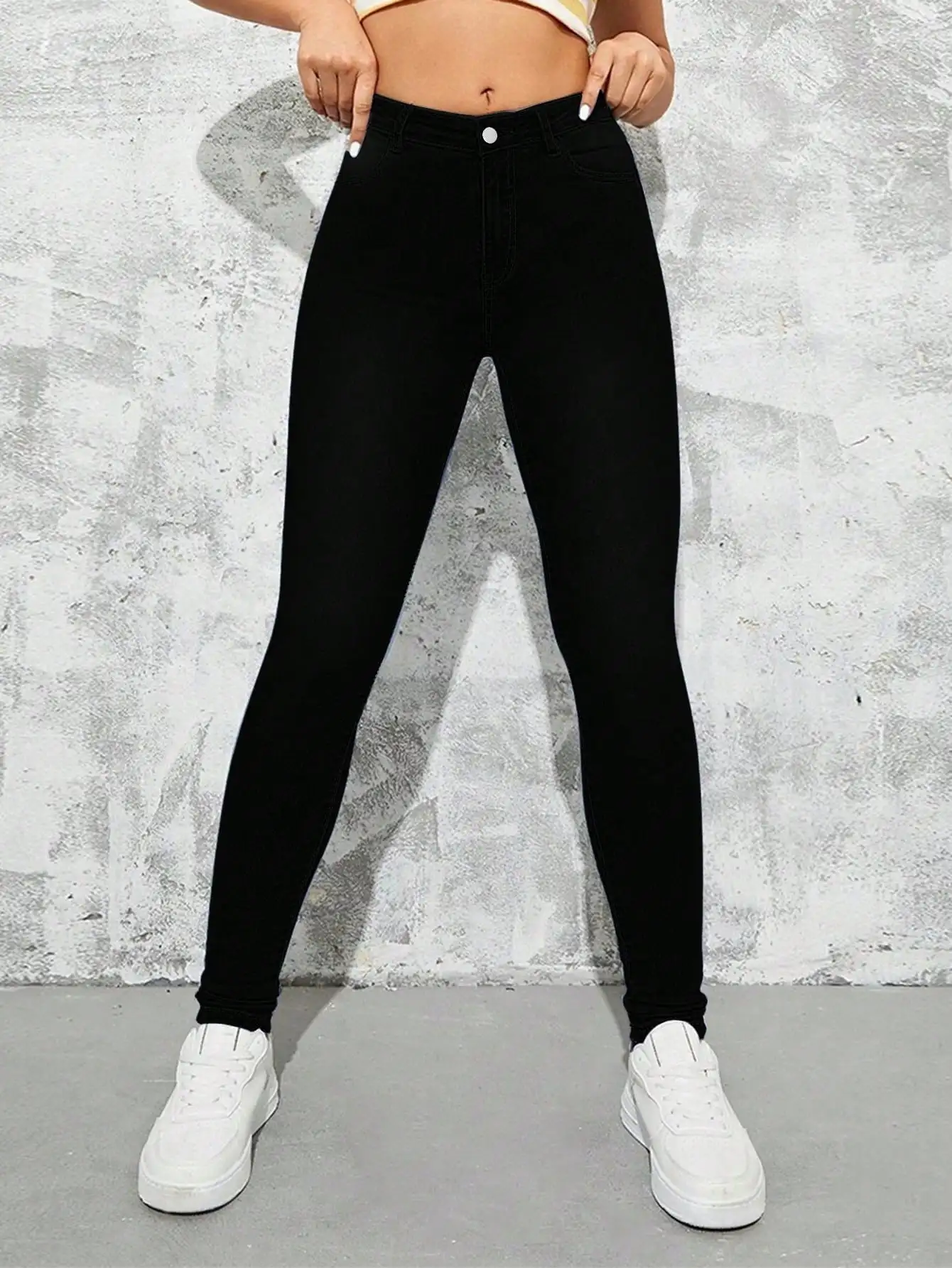 

WGXWGX Women's High-Waisted Skinny Jeans Solid Black Stretchy Denim Casual Streetwear Slim Fit