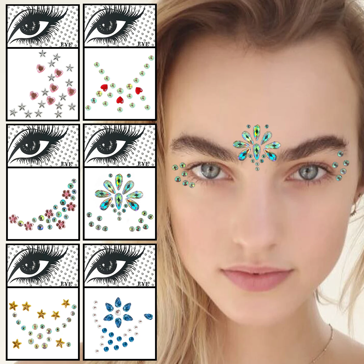 Pink Flower Stars Heart Face Gems Temporary Tattoos Eyes Forehead Crystals Jewelry Makeup Sticker Flash Dots Tears Jewels Party