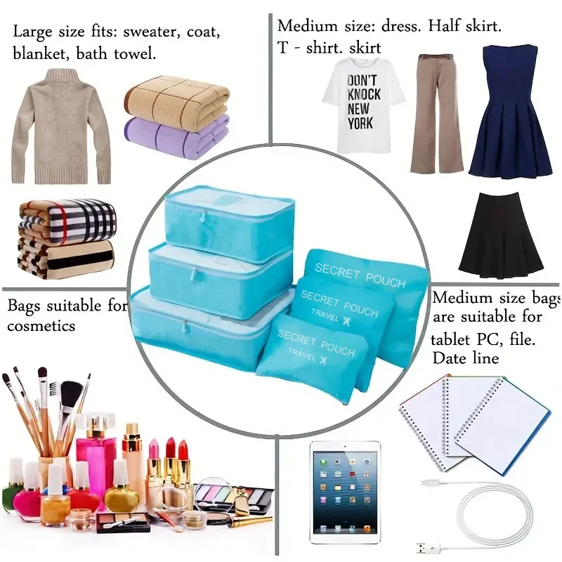 6pcs travel storage bags set (pink/blue/grey), large capacity waterproof luggage organizers for clothes & underwear with zipper 3