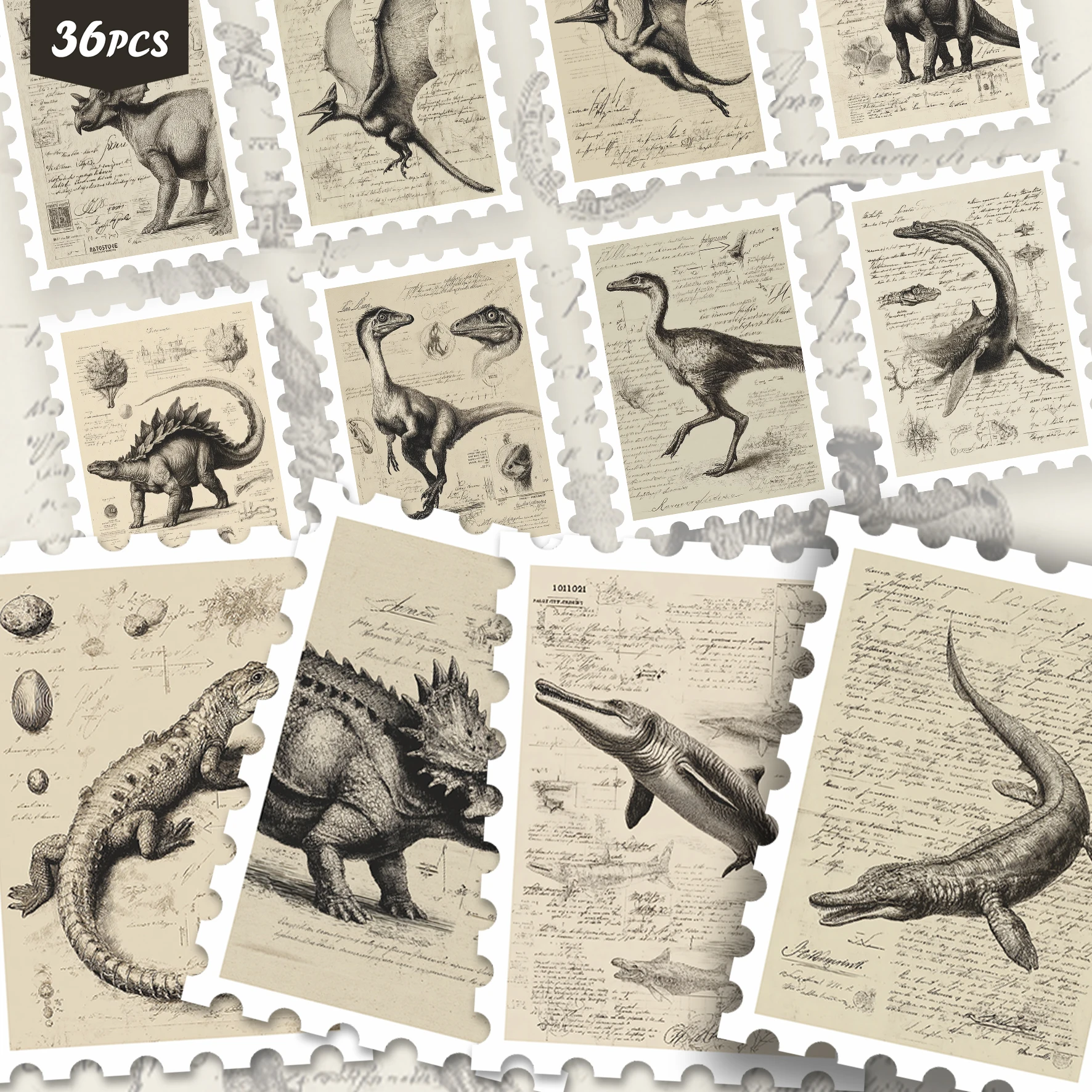 36Pcs Vintage Dinosaur Sketch Stamp Stickers, Antique Jurassic Creature Style, Junk Journal Scrapbooking Supplies