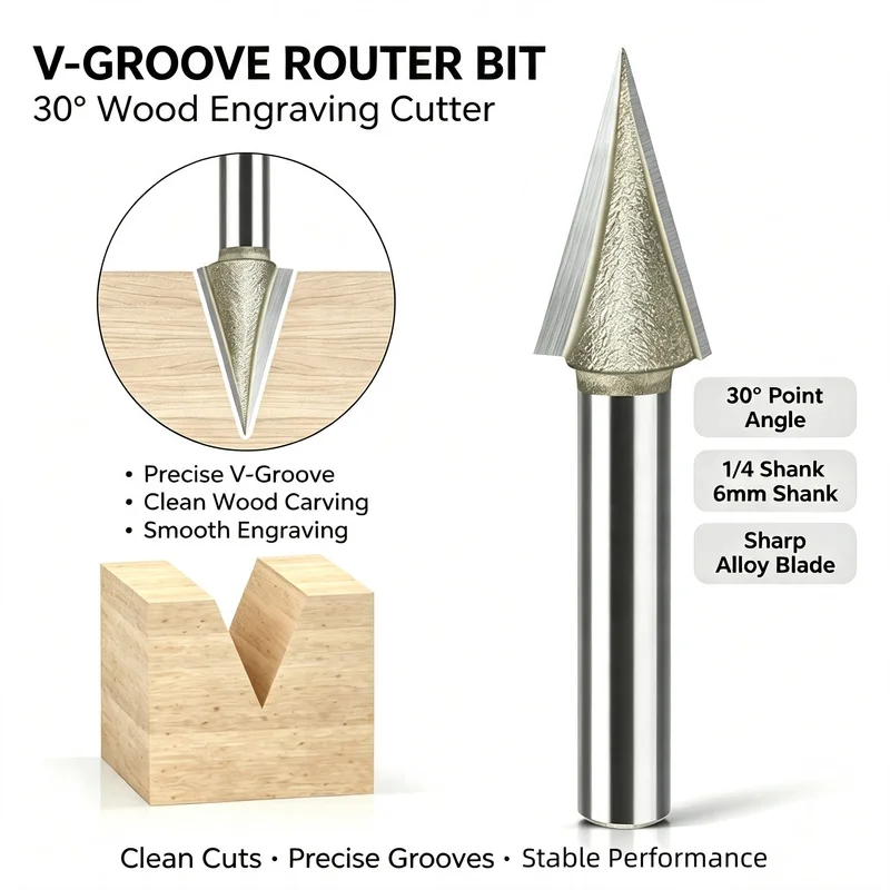 30° V-Groove Woodworking Cutter, Carving Grooving Tool for Trim Router & Engraving Equipment