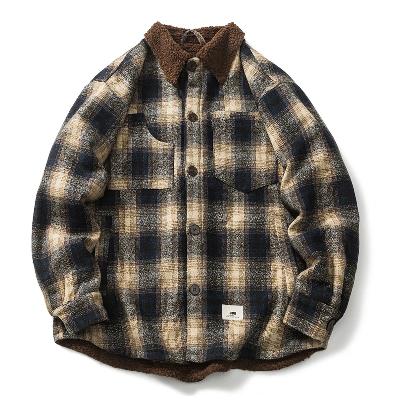 Woolen Plaid Shirt Cotton Jacket Men's Loose Thickened Plush Imitation Lamb Wool Casual Top American Couple Street Fashion Coat