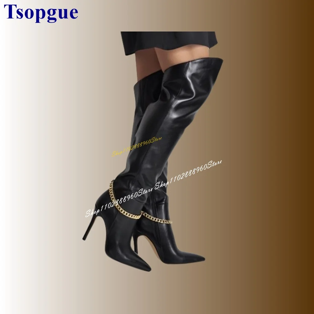 

Sexy Beveled Black Metal Chain Decor Boots Knee High Thin High Heel Women Shoes Side Zipper Pointed Toe 2024 Zapatos Para Mujere