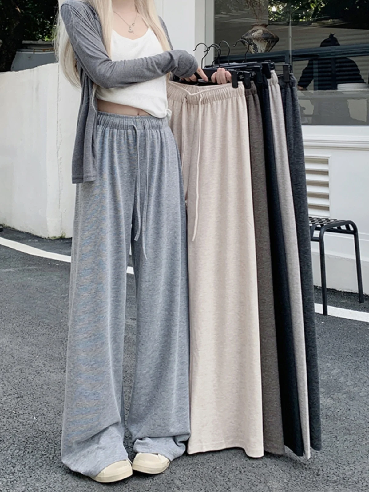 

Женские повседневные брюки с высокой талией на шнурке, эластичные, свободные, весенняя новинка, стройнящие, универсальные, длинные, в пол, струящиеся