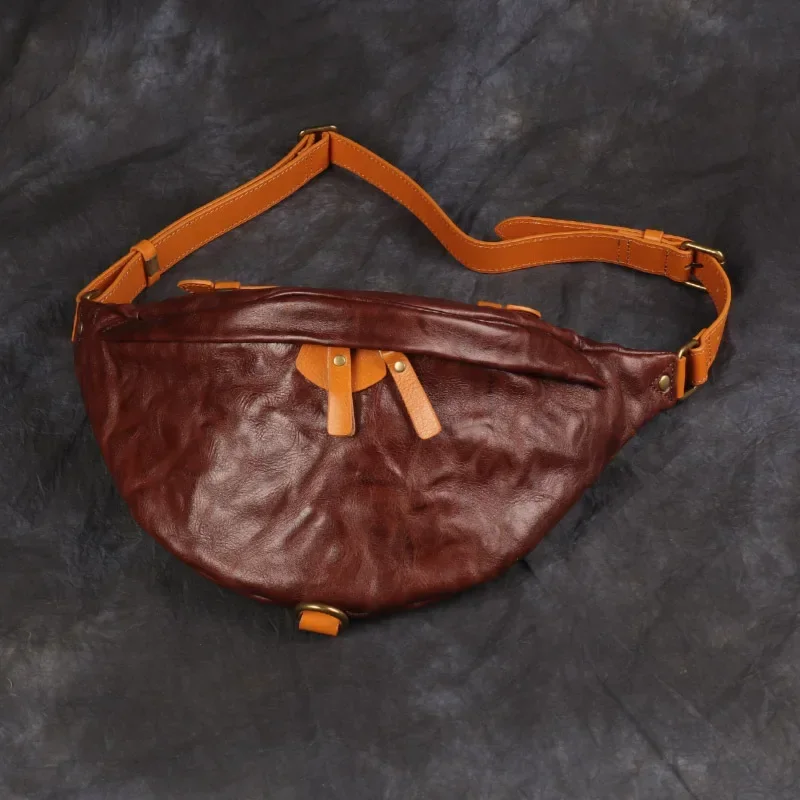 Handmade Retro Men's Chest Bag with Top-grain Leather and Casual Style