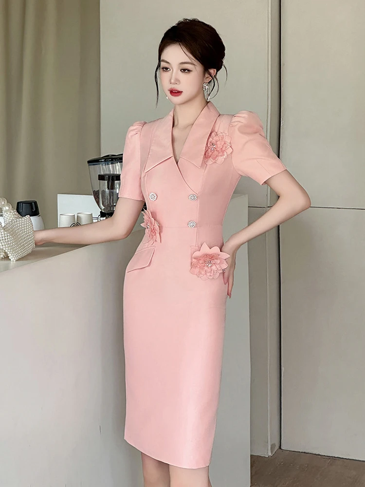 Elegant Fashion Pink Business Formal Dress Women Sweet Flowers Bubble Sleeve Slim Pencil Robe Party Prom Vestido Banquet Clothes