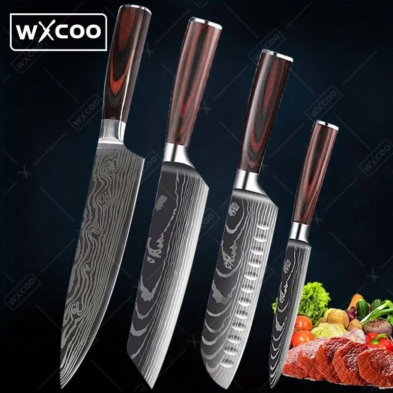 4pc, Kitchen Knife Stainless Steel Chef Knife Meat Cleaver Handmade Forged Vegetable Knife Santoku Knife Vegetable Peeler