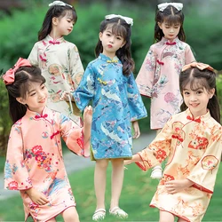 Baby Girl Spring Autumn Qipao Chinese-Style Flower Print Tang Costume 1-10 Yrs Loose Sleeves Embroidered Dress Birthday Gift