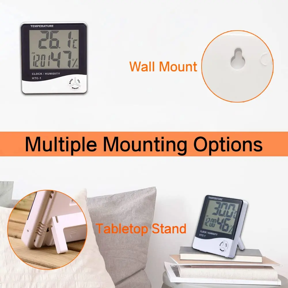 HTC-1 Mini Humidity Thermometer Hygrometer Temperature Gauge Clock Time Desktop Stand Wall Mount Digital LCD Screen Monitor gallery 4