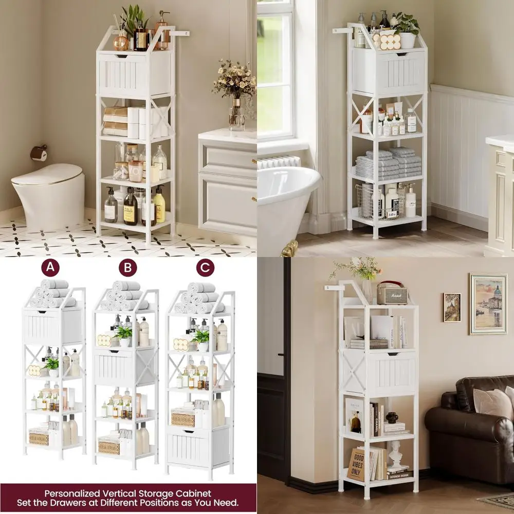 

5-Tier White Corner Bathroom Cabinet Organizer with Drawer, 47.24 Tall Storage Rack