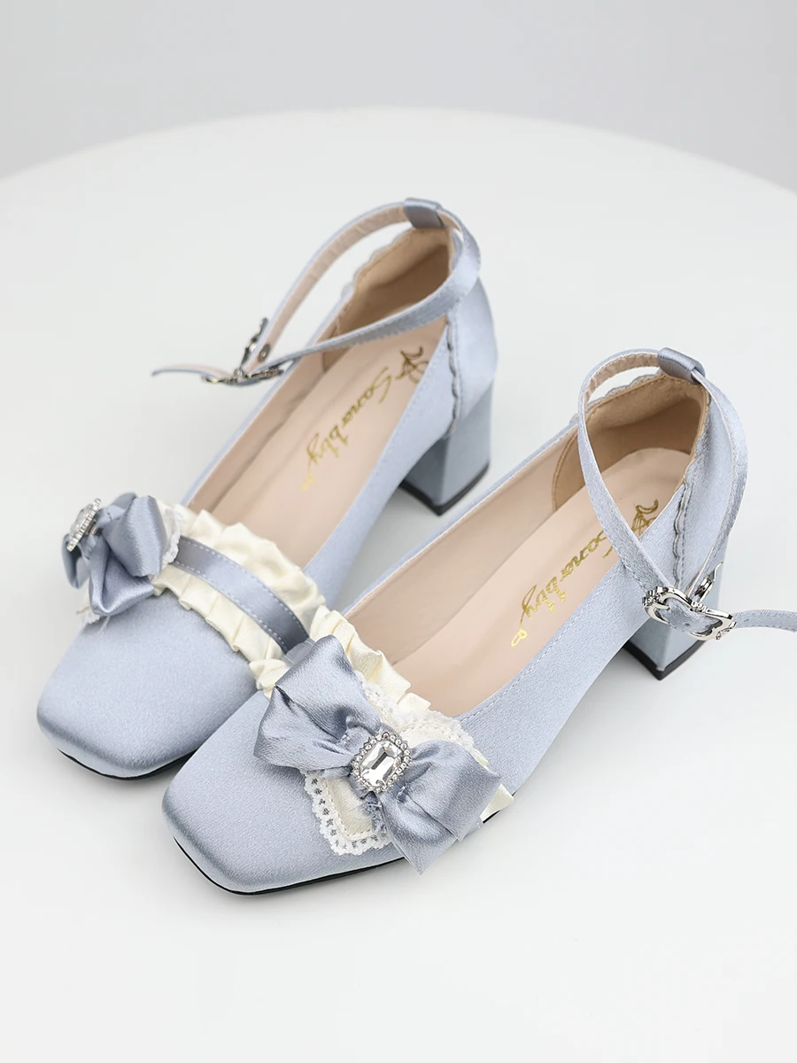 Women's Lolita Shoes 2024 New Spring Girls Cute Sweet High Heels Original Rhinestone Lace Bowknot Pumps Elegant Mary Janes