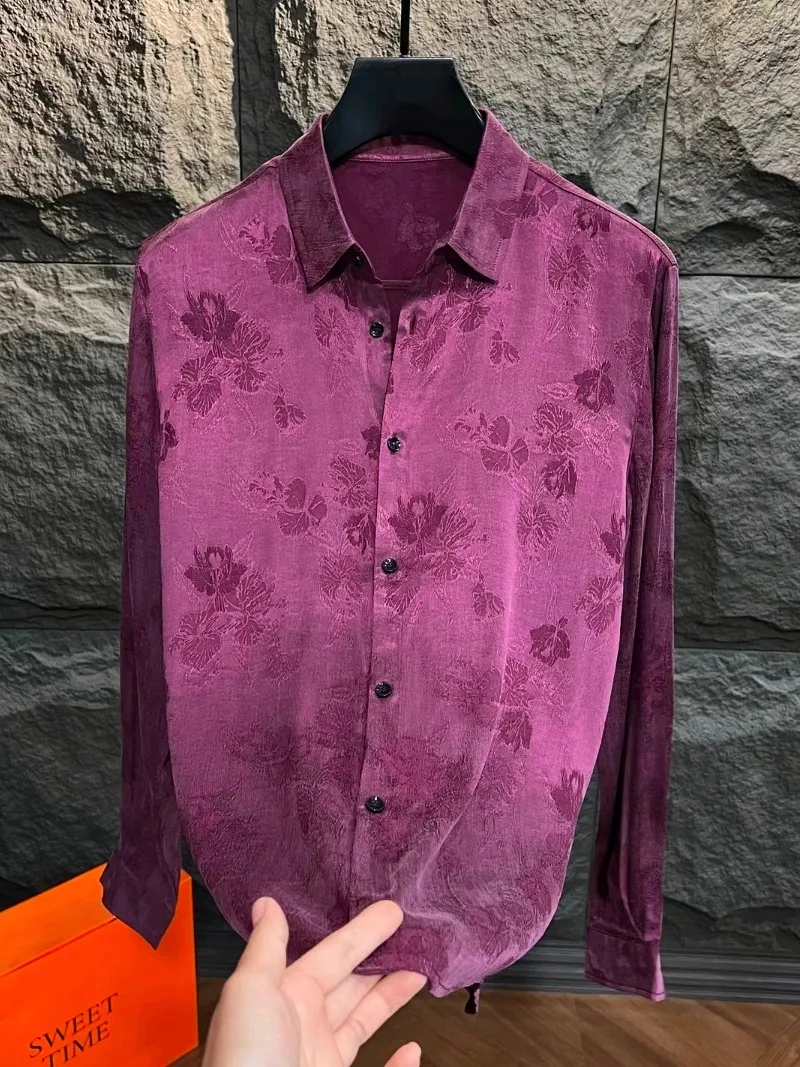 

Faionable Long Sve Men's irt Copper Ammonia Fiber Embroidery Proc Autumn New Arrival Youth Trendy Sle Stand Fit