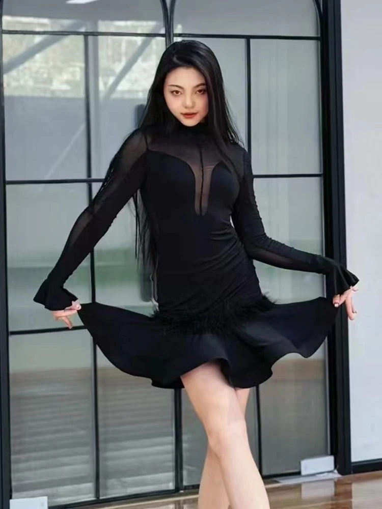 High Neck Mesh Long Sleeved Fishbone Skirt Latin Dance Dress For Women New Chacha Rumba Tango Adult Female Latin Dress DN17965