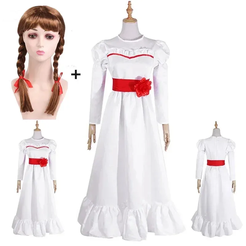 

Halloween horror white dress anime game long sleeved O-neck female performance dress Adult children role-playing clothing HQ005