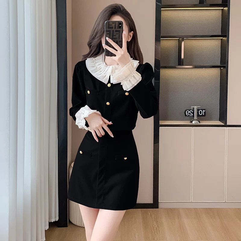 Women's Lace Collar Red Suit Jacket Skirt 2023 Autumn and Winter Fashion Age-reducing Color Matching Coat Skirt Two-piece Set