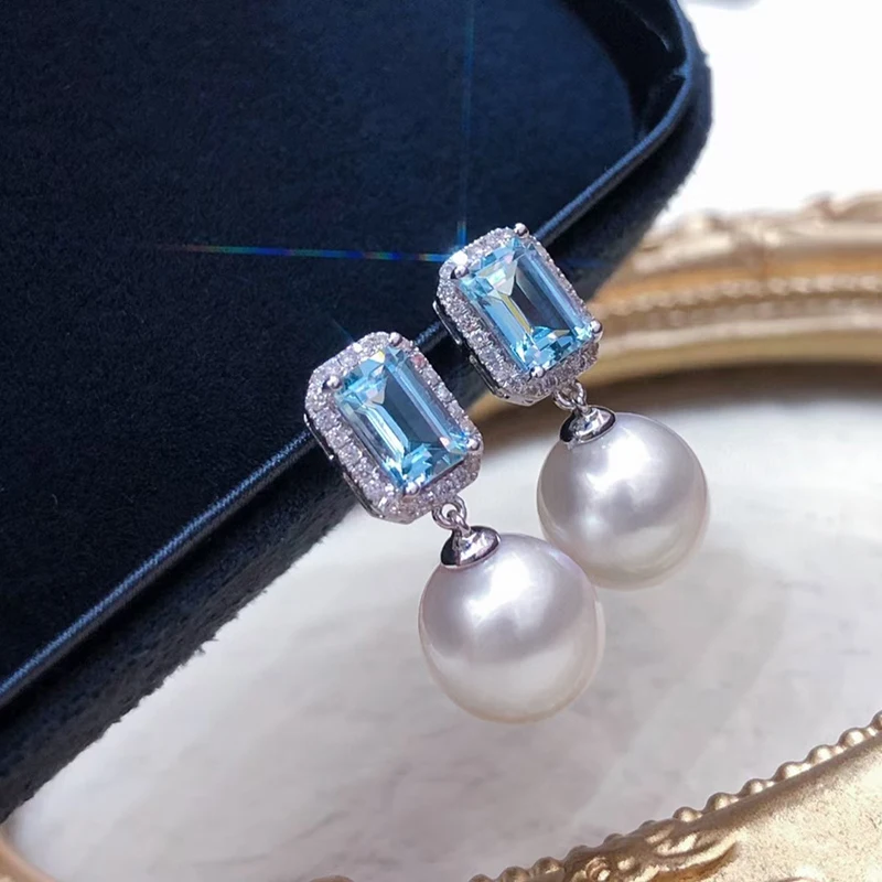 Huitan Brilliant Sky Blue Cubic Zirconia Imitation Pearl Earrings for Women Temperament Female Accessories Wedding Party Jewelry