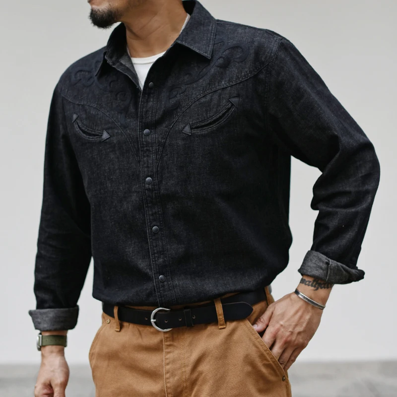 Sauce Zhan Men's Denim Shirt Linen Long Sleeve Shirt for Man Black Western-style Denim Shirt for Autumn Floss Silk Embroidery