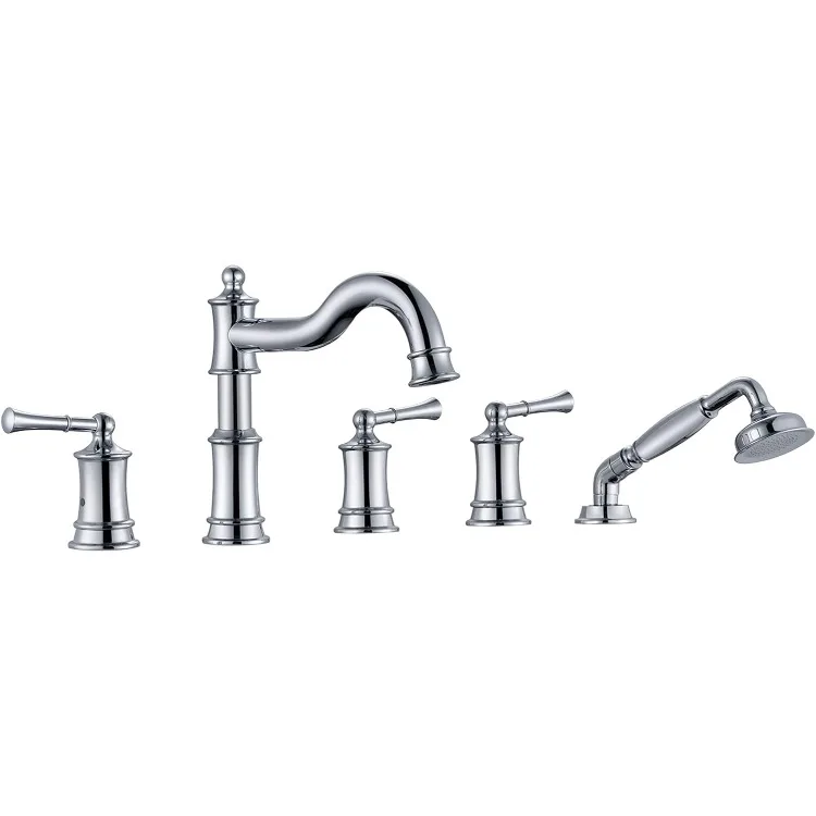 Tub Faucet Set With Handheld Shower 5 Hole Deck Mount Tub Filler With Diverter, 3 Lever Handle Rough-in Valve and Water